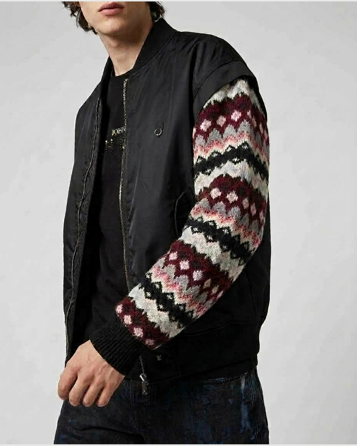 Bomber Ibrido con Maniche in Maglia a Contrasto