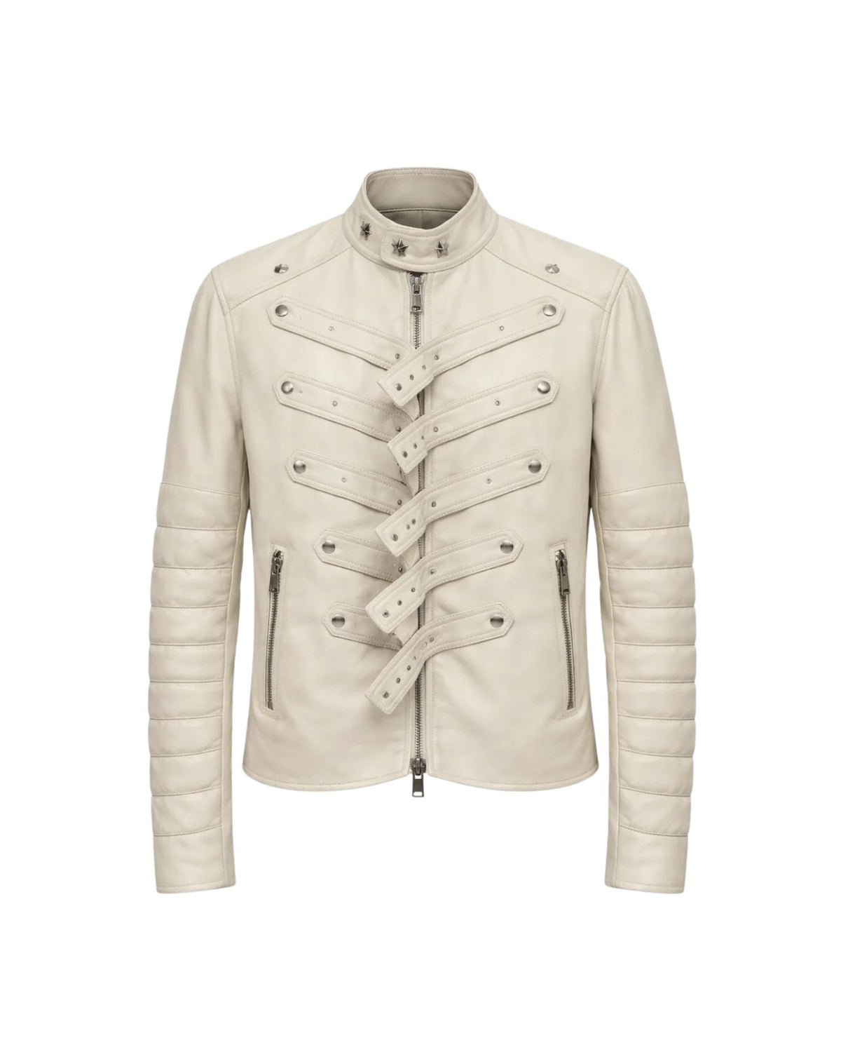 Giacca Biker in Pelle con Cinturini Frontali e Maniche Trapuntate