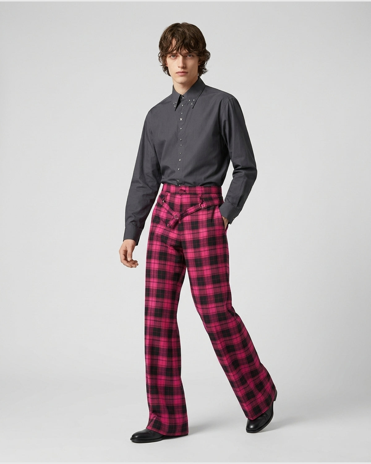 Pantaloni Tartan a Gamba Dritta con Dettaglio D-Ring