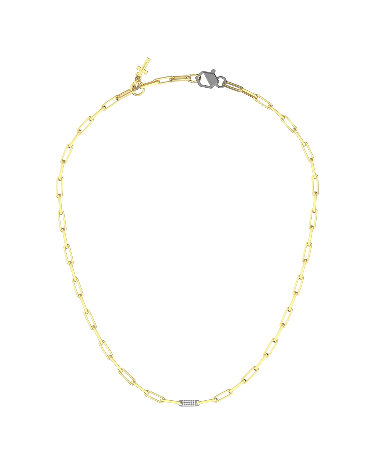 Collana a catena John Richmond con maglia centrale decorata da elementi brillanti e charm a croce.