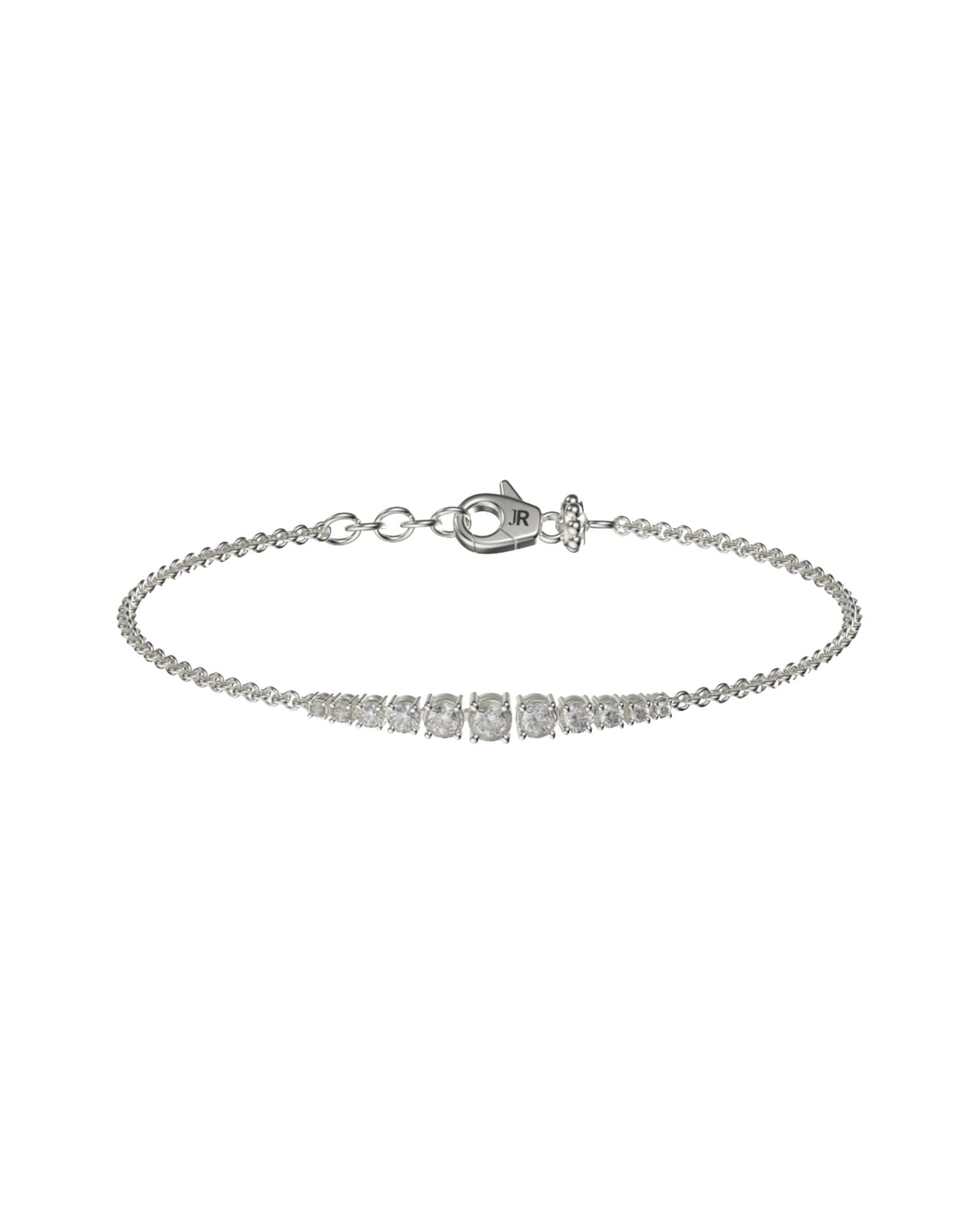 Bracciale con catena sottile e fila centrale di punti luce a scalare su sfondo bianco