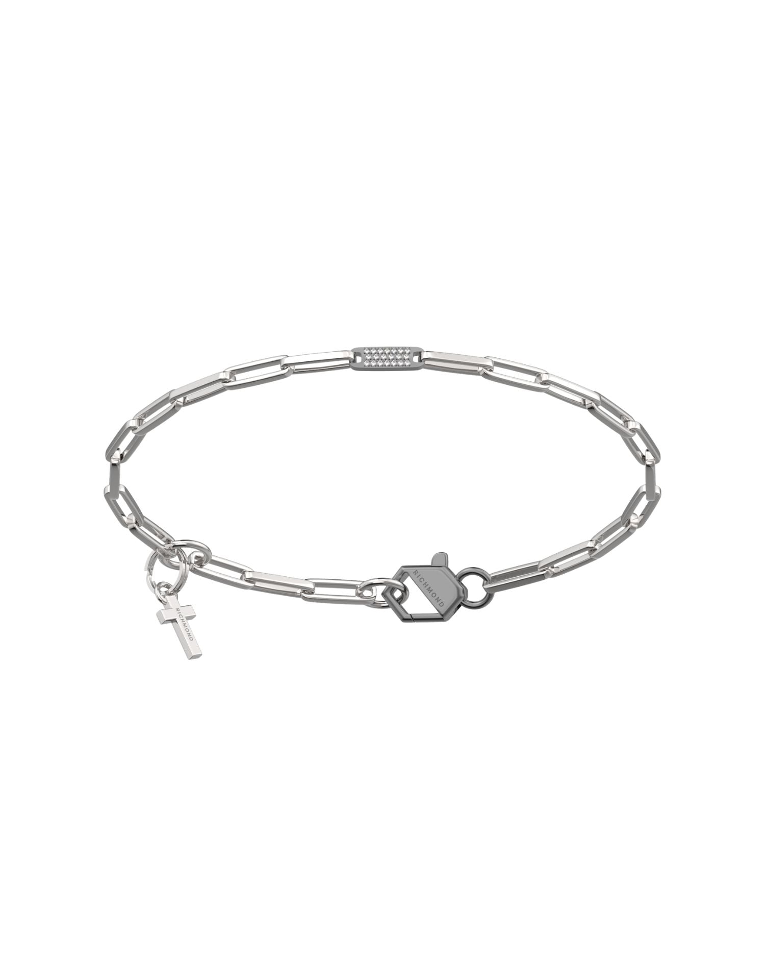 Bracciale a catena con maglie allungate, elemento centrale con punti luce e charm a forma di croce.
