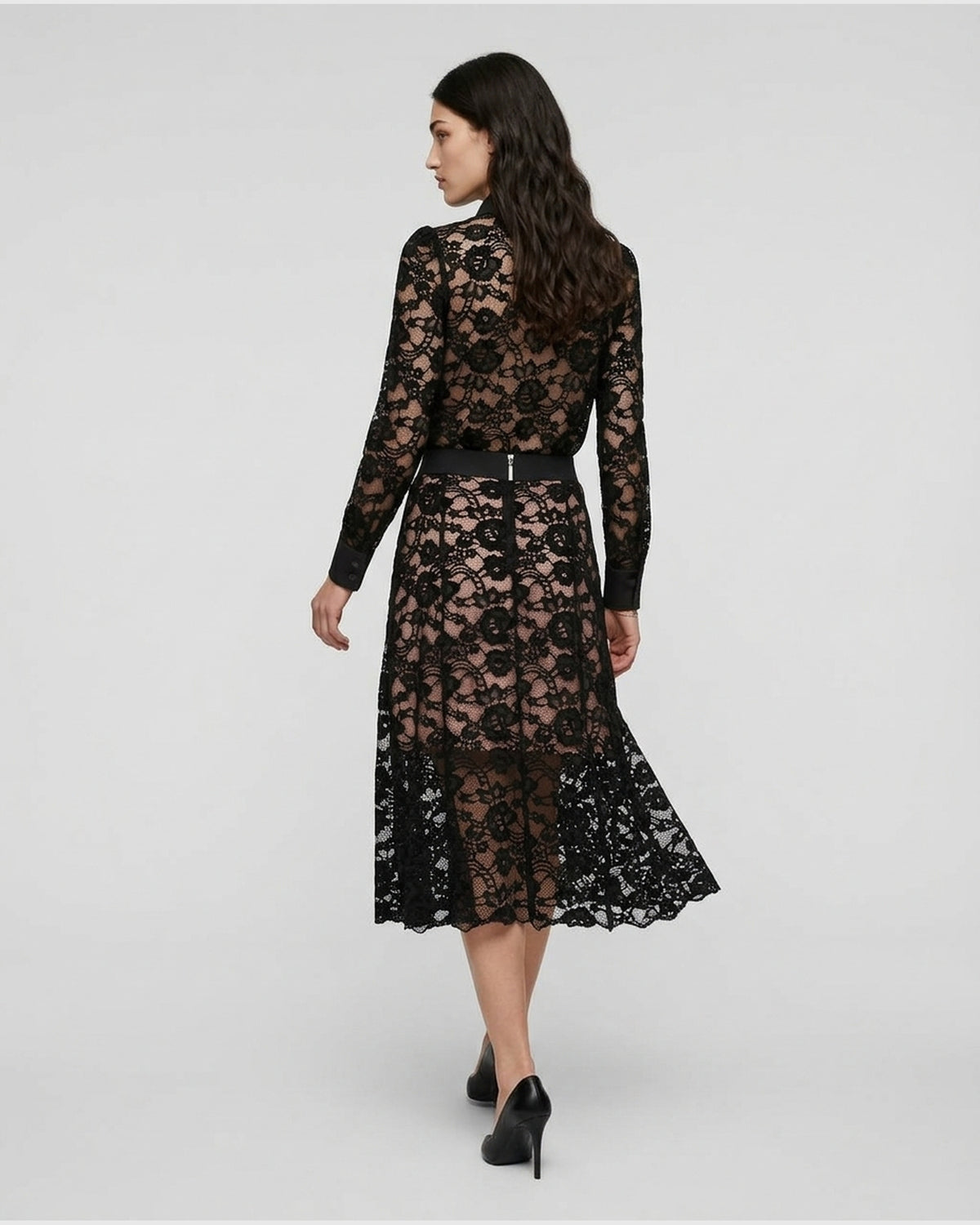 Gonna Midi in Pizzo Floreale con Fascia Logata