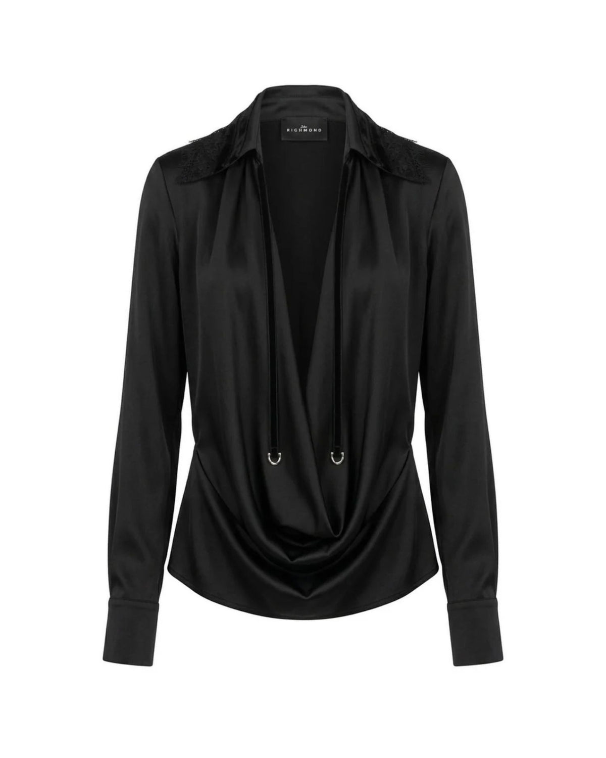 Blusa Fluida con Scollo Drappeggiato e Dettagli in Pizzo