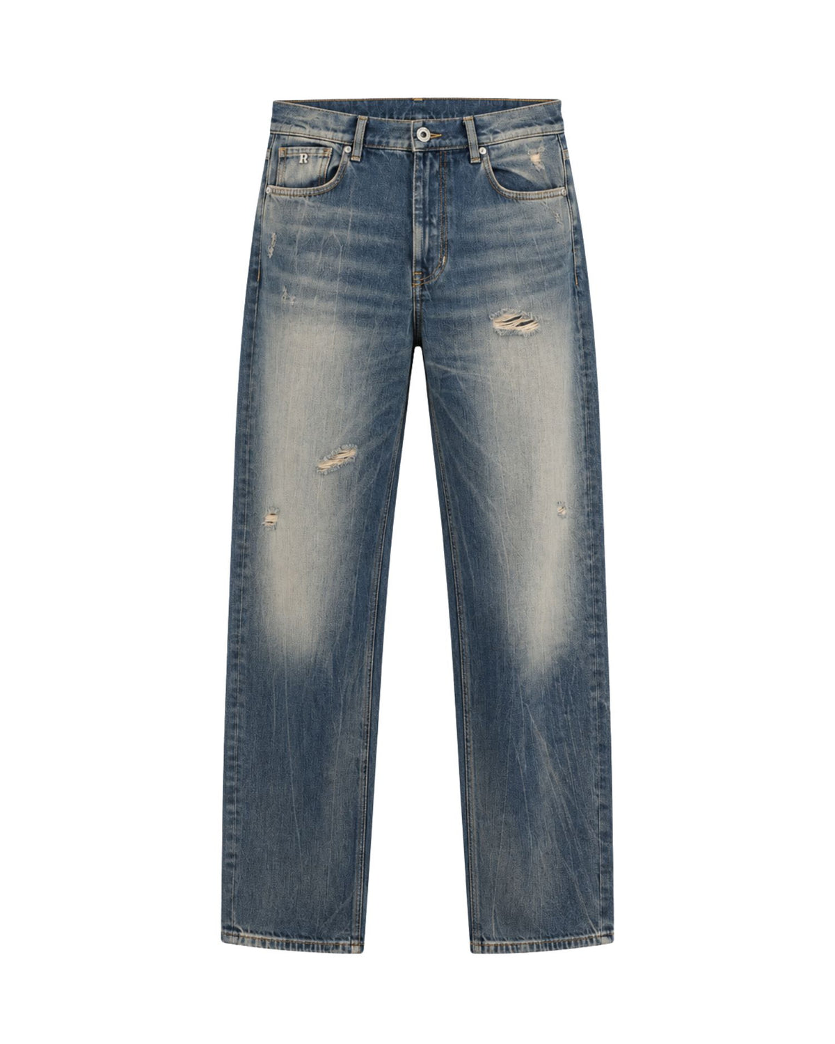 Jeans a Gamba Dritta con Lavaggio Vintage e Strappi