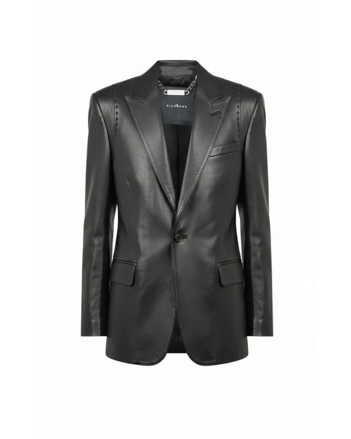 Blazer Monopetto in Pelle con Impunture a Vista