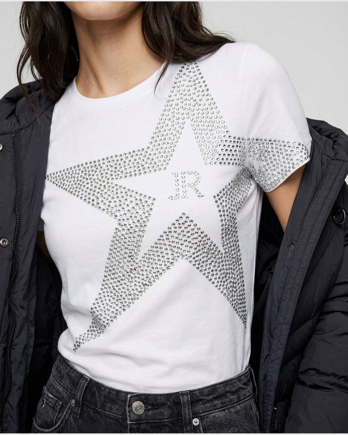 T-shirt con Stella di Strass e Logo JR