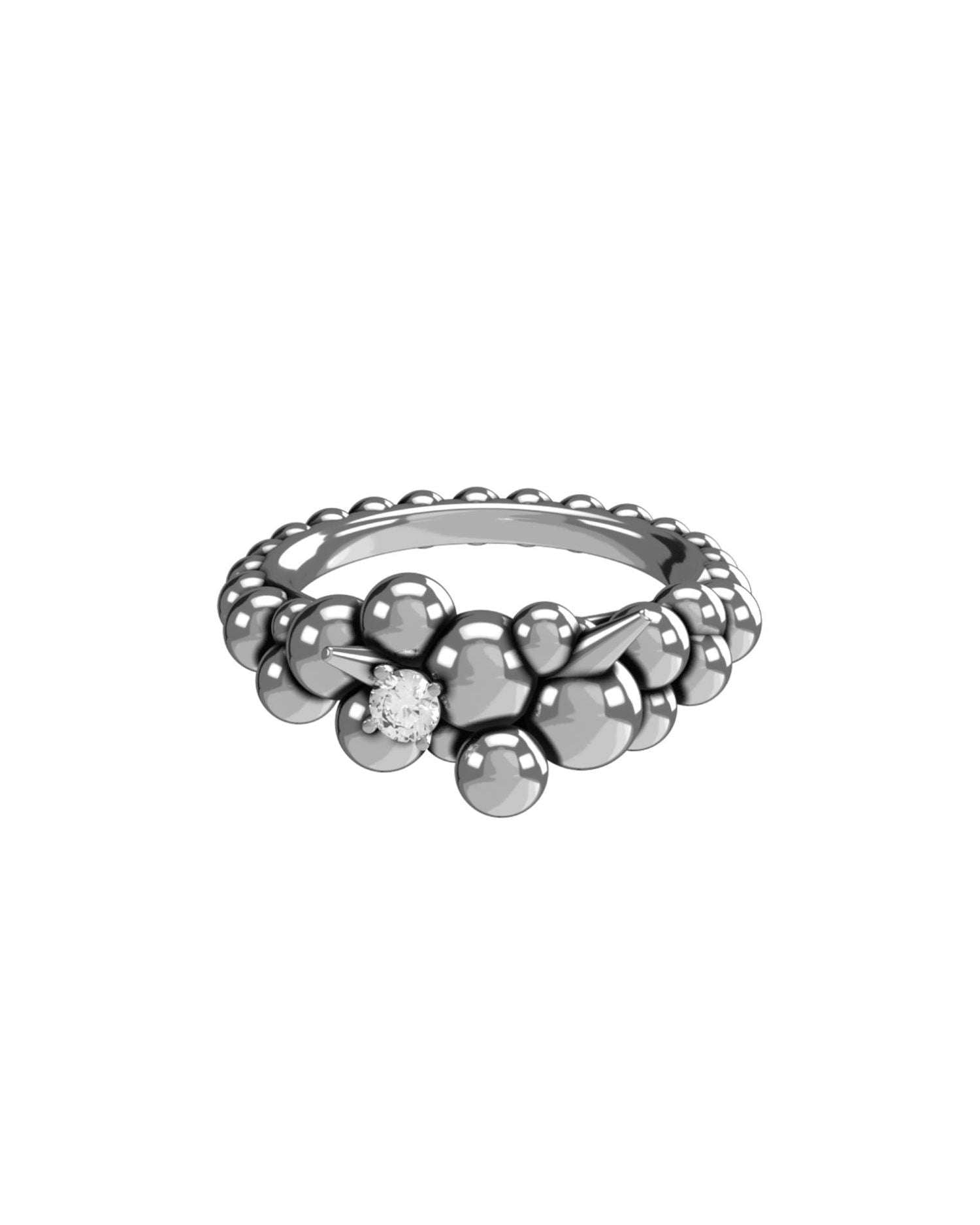 Anello con sfere punte e diamante - argento
