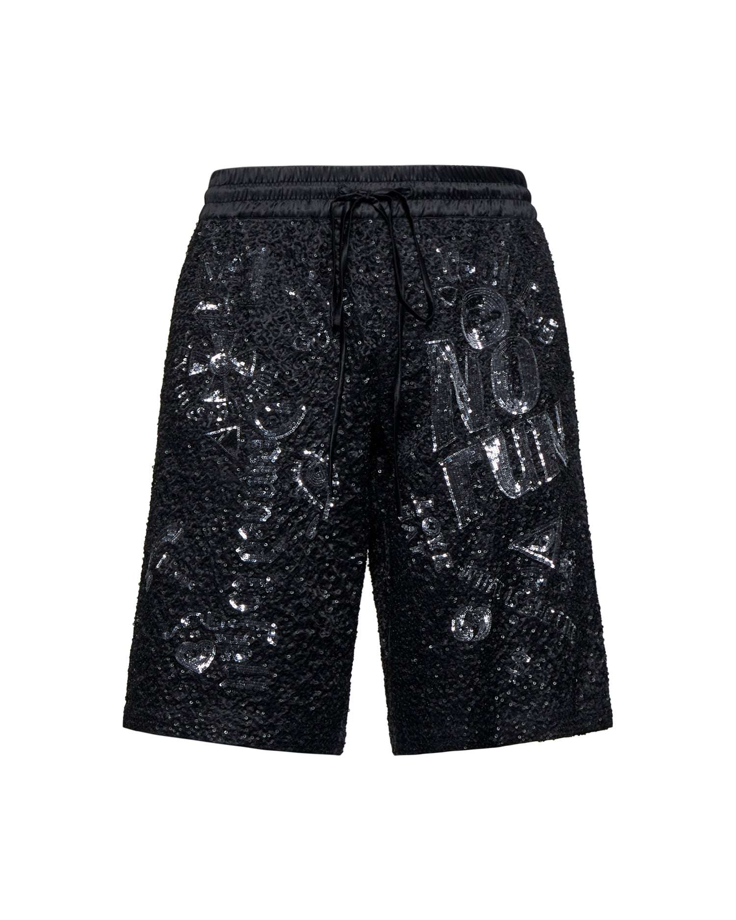 Bermuda uomo nero con dettagli lucidi e scritta frontale Bermuda