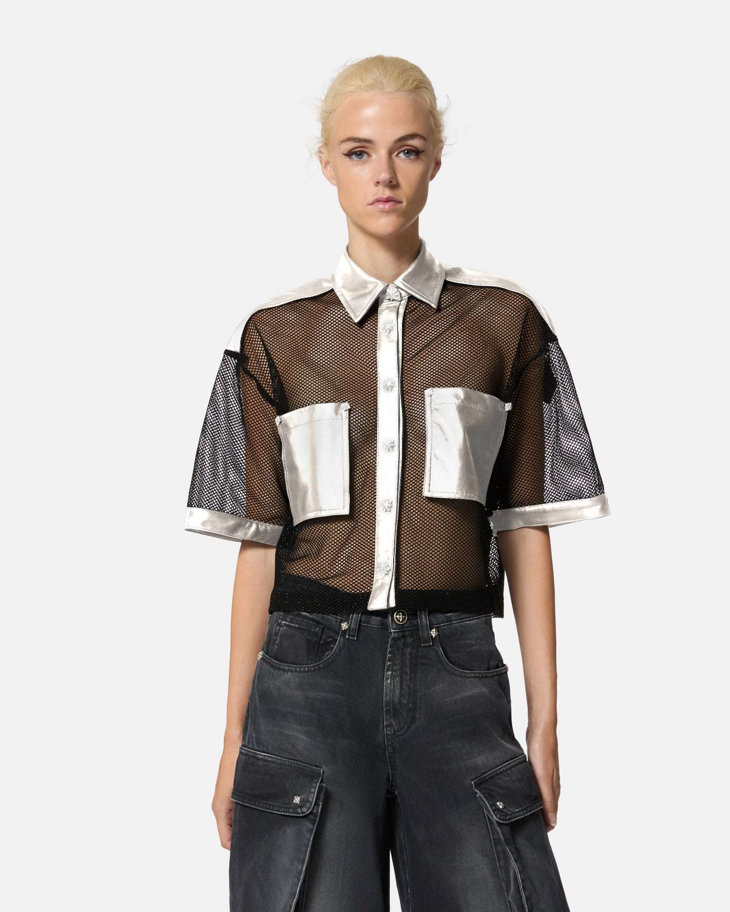 Camicia in rete con dettagli in pelle Camicia