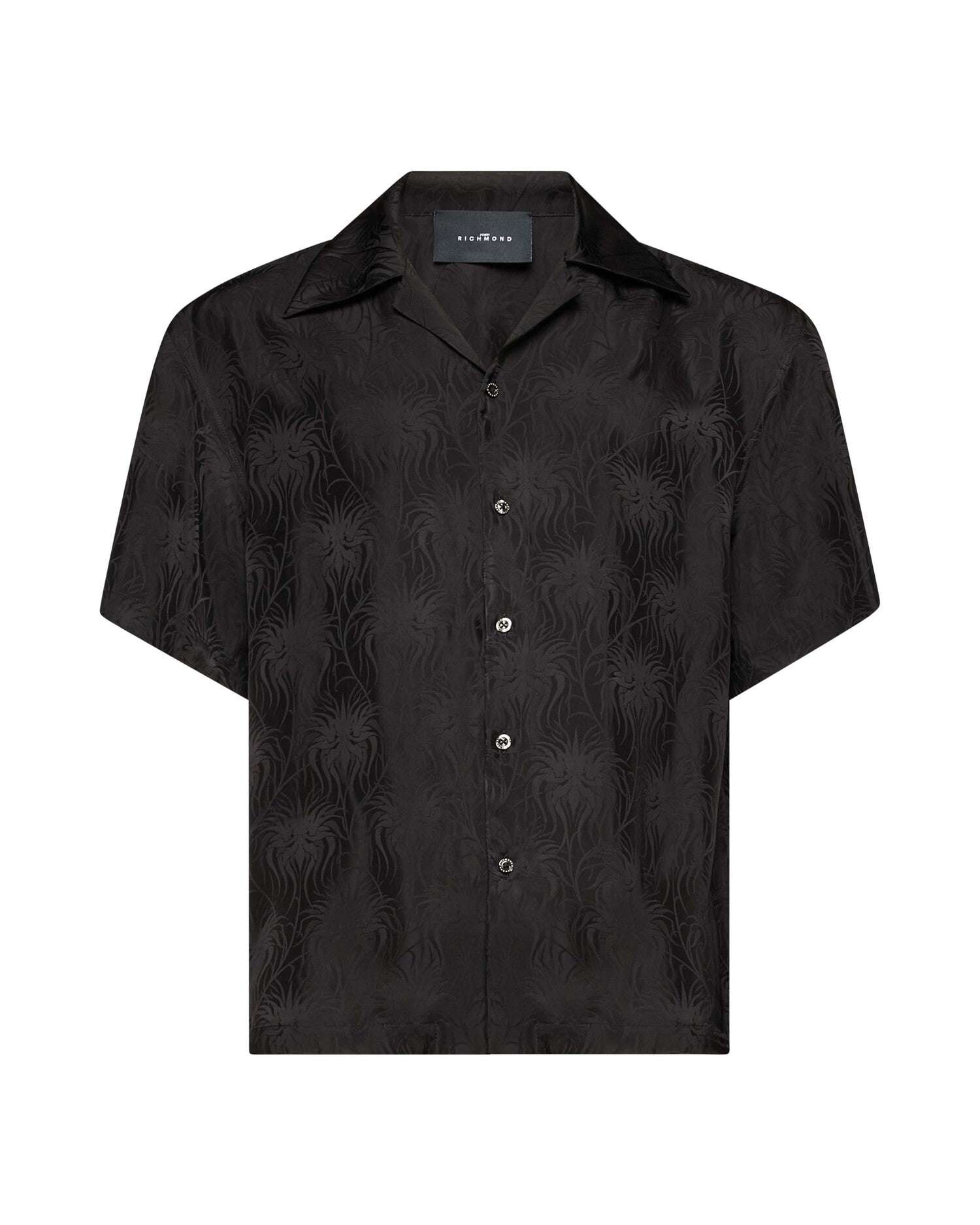 Black men's short-sleeved shirt with tone-on-tone pattern. Shirt