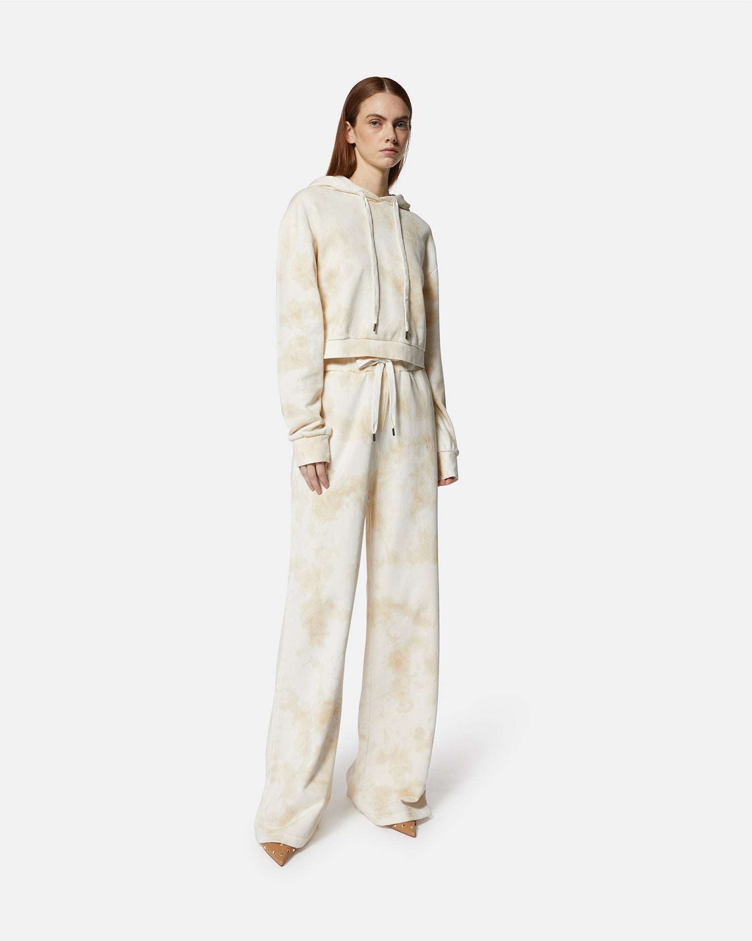 Felpa cropped con cappuccio effetto tie-dye beige Felpa