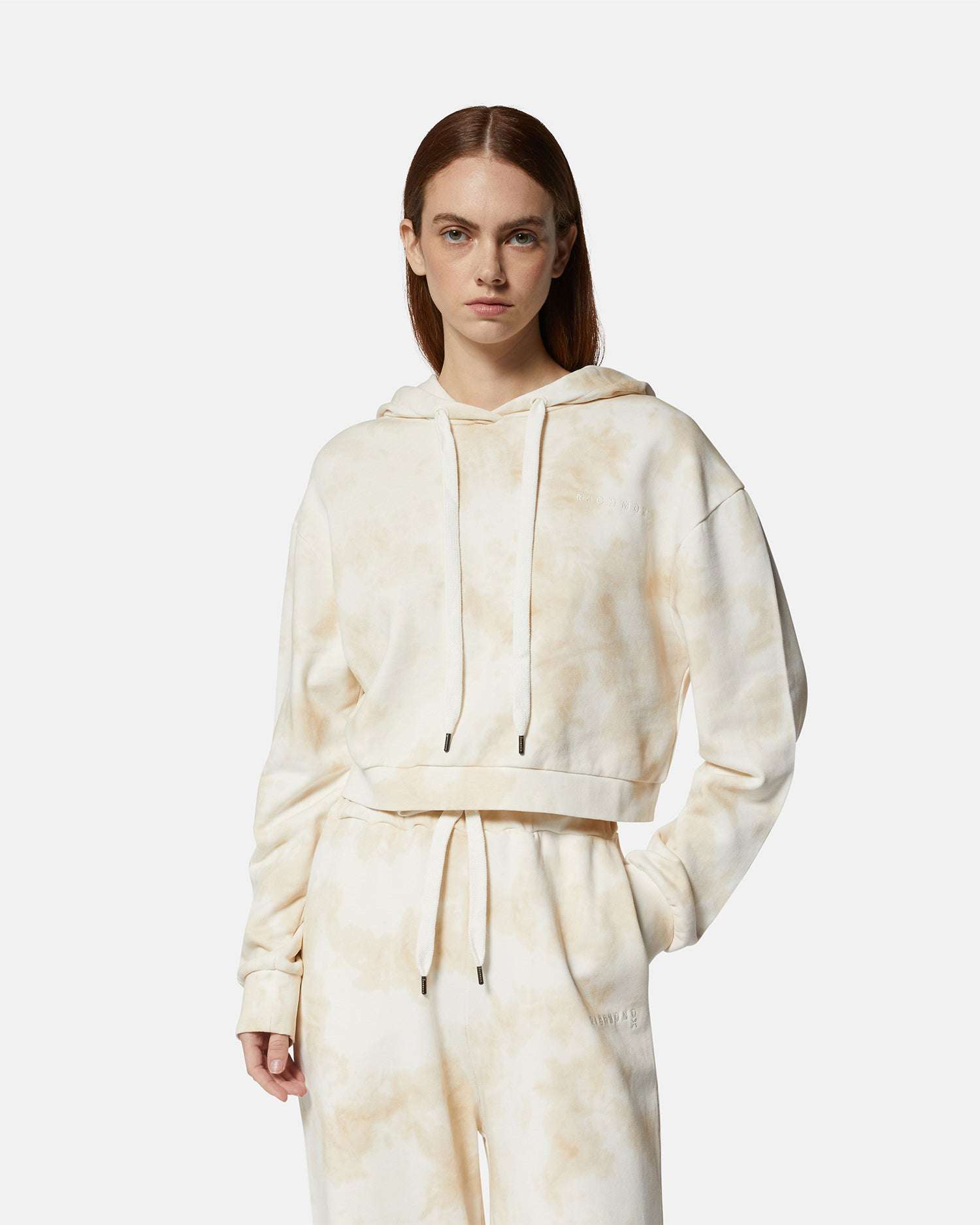 Felpa cropped con cappuccio effetto tie-dye beige Felpa