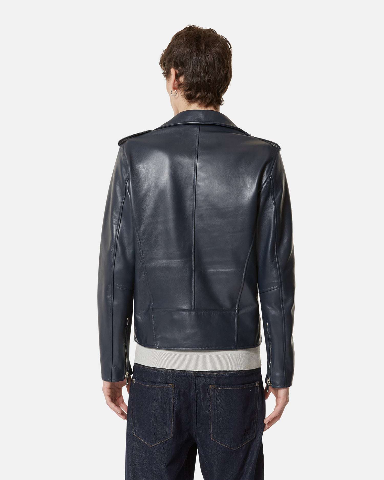 Giacca biker in pelle blu con dettagli metallici Capospalla