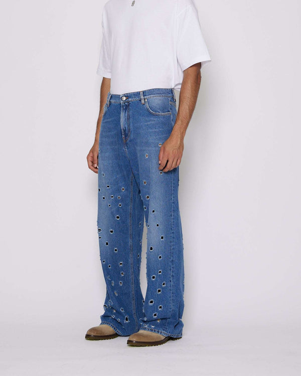 Wide leg jeans with metal holes on the front