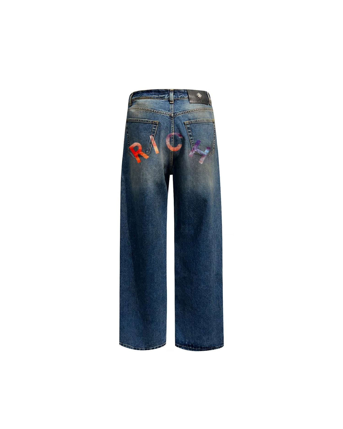 Jeans regular in blu medio con lacerazione e lettering "RICH" Jeans