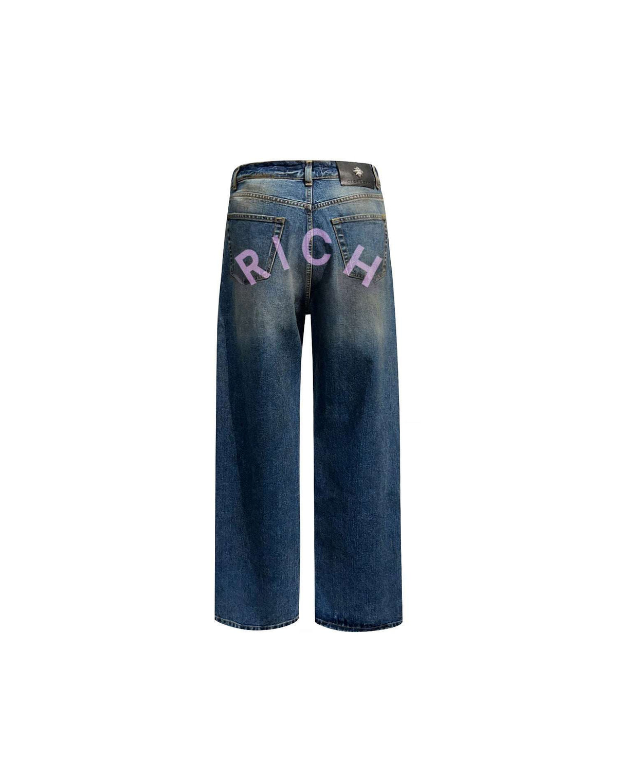 Jeans regular in blu medio con lacerazione e lettering "RICH" Jeans