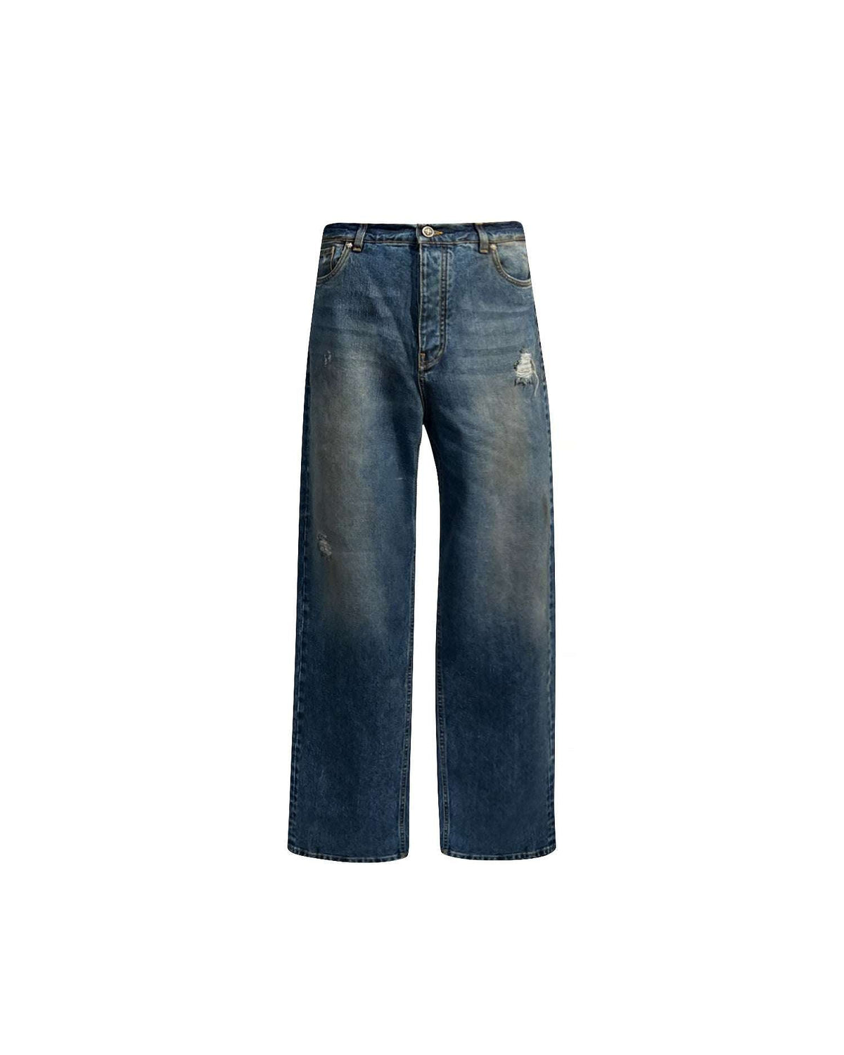 Regular jeans in medium blue with tear and "RICH" lettering Jeans