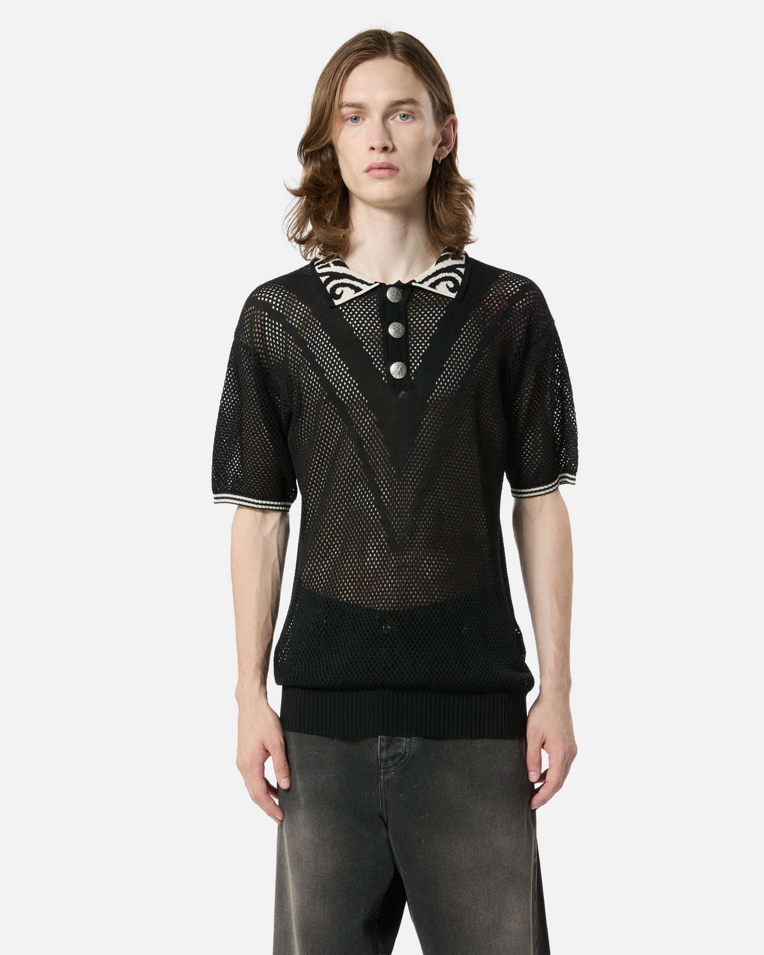 Black mesh sweater with contrasting collar and buttons. Sweater