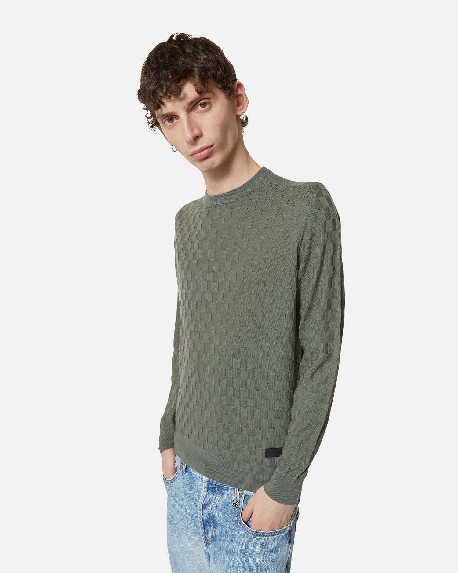 Crew-neck sweater with geometric knitting. Sweater