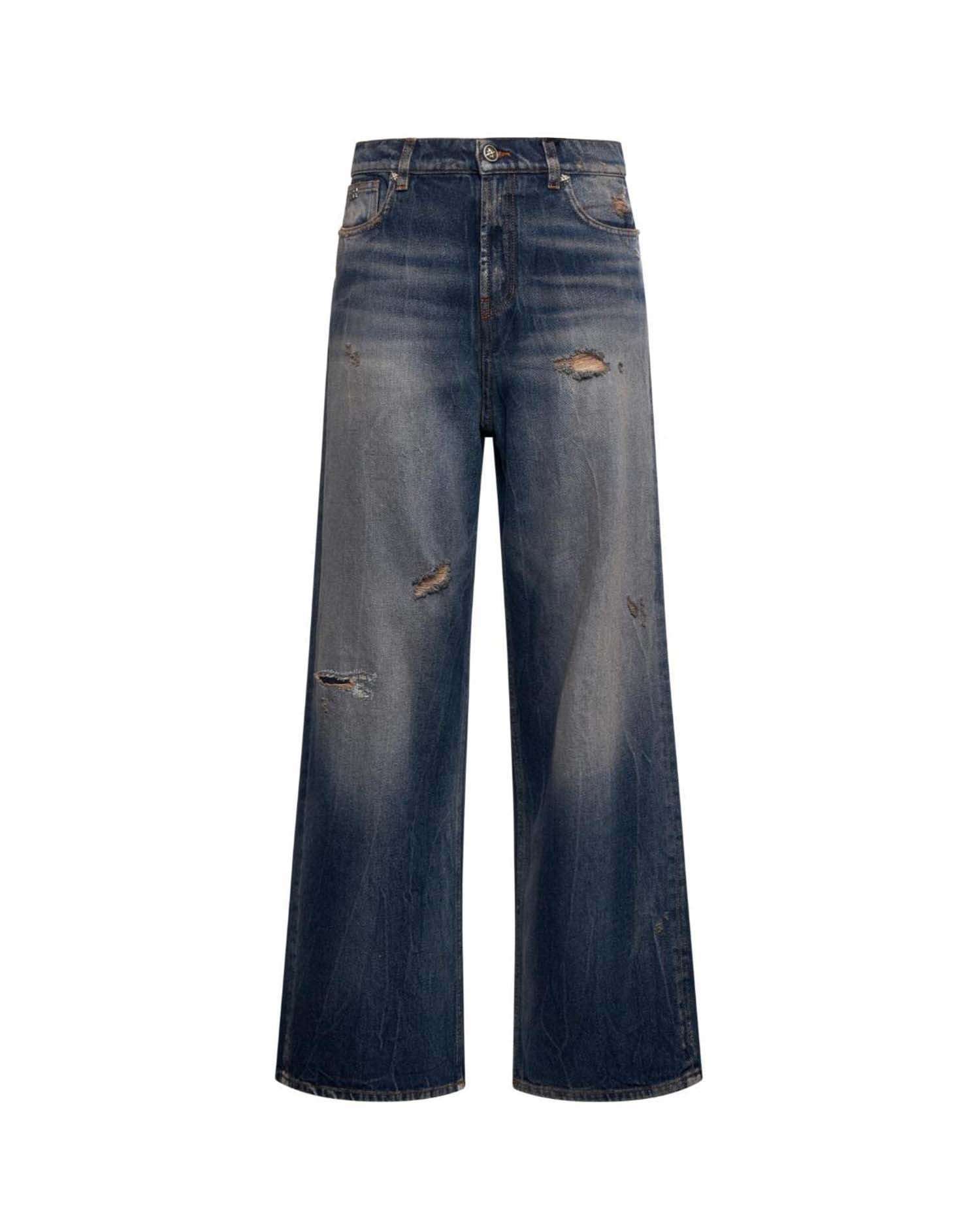 Pantalone a Gamba Ampia con Effetto Used Jeans