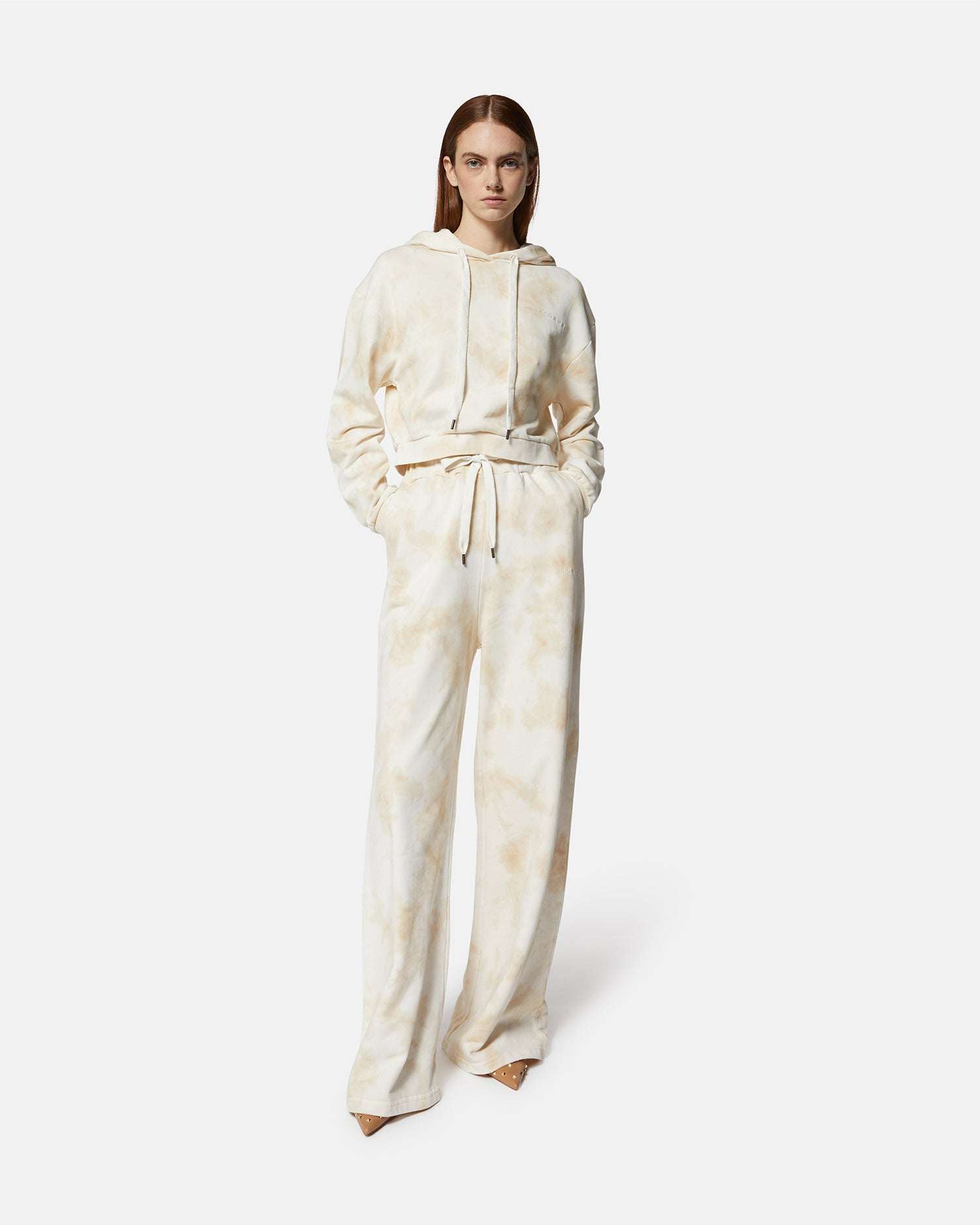 Pantaloni ampi tie-dye beige con vita regolabile Pantaloni