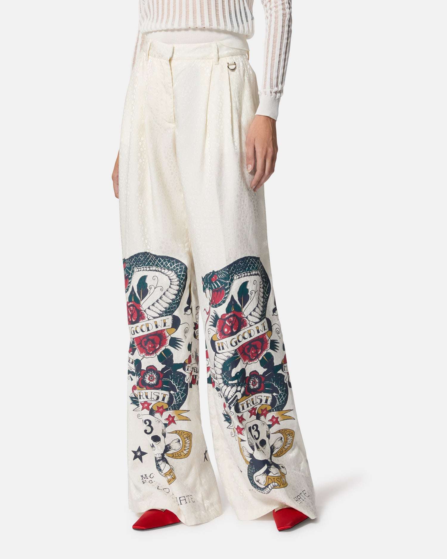 Pantaloni bianchi con stampa grafica e vita alta Pantaloni