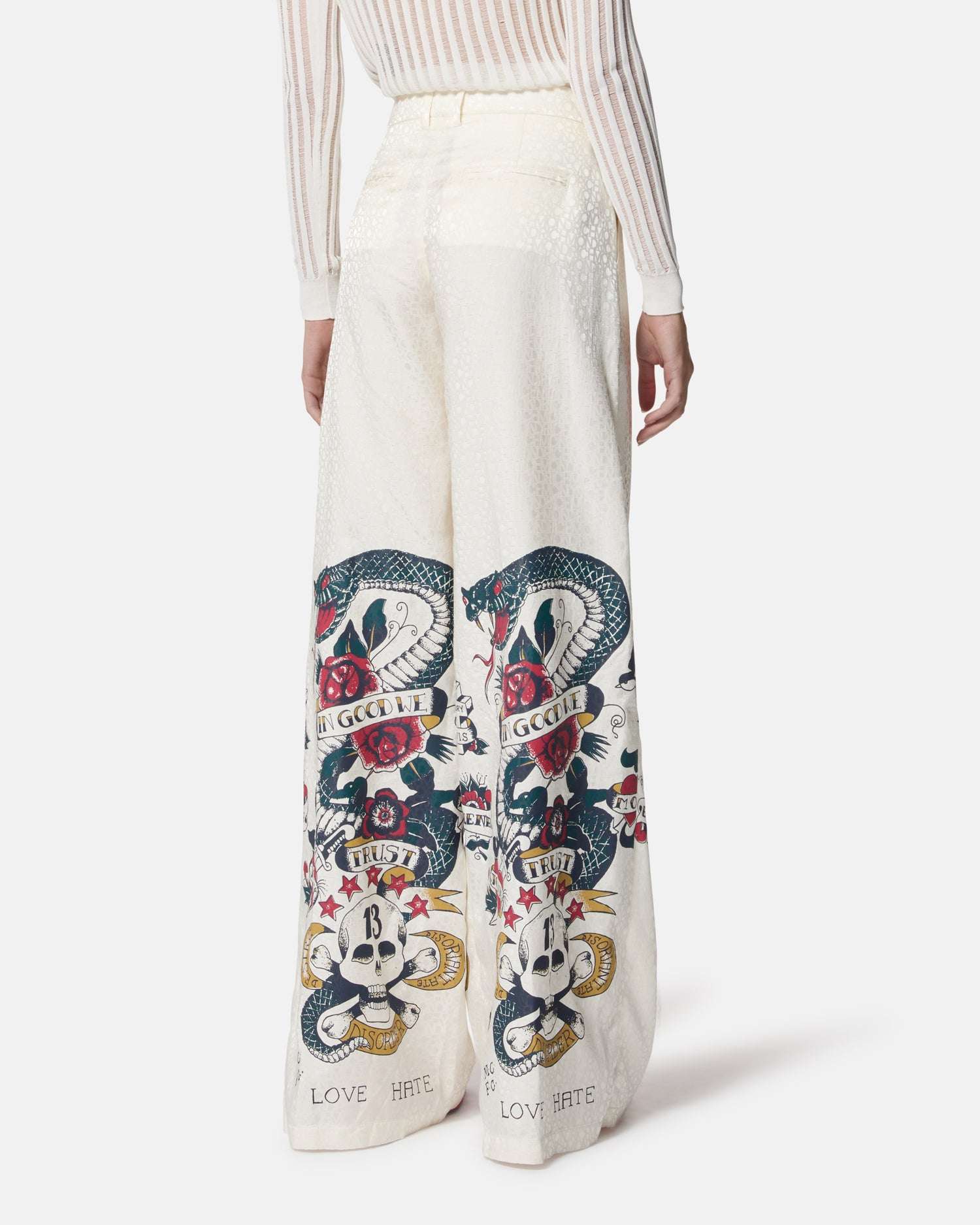 Pantaloni bianchi con stampa grafica e vita alta Pantaloni