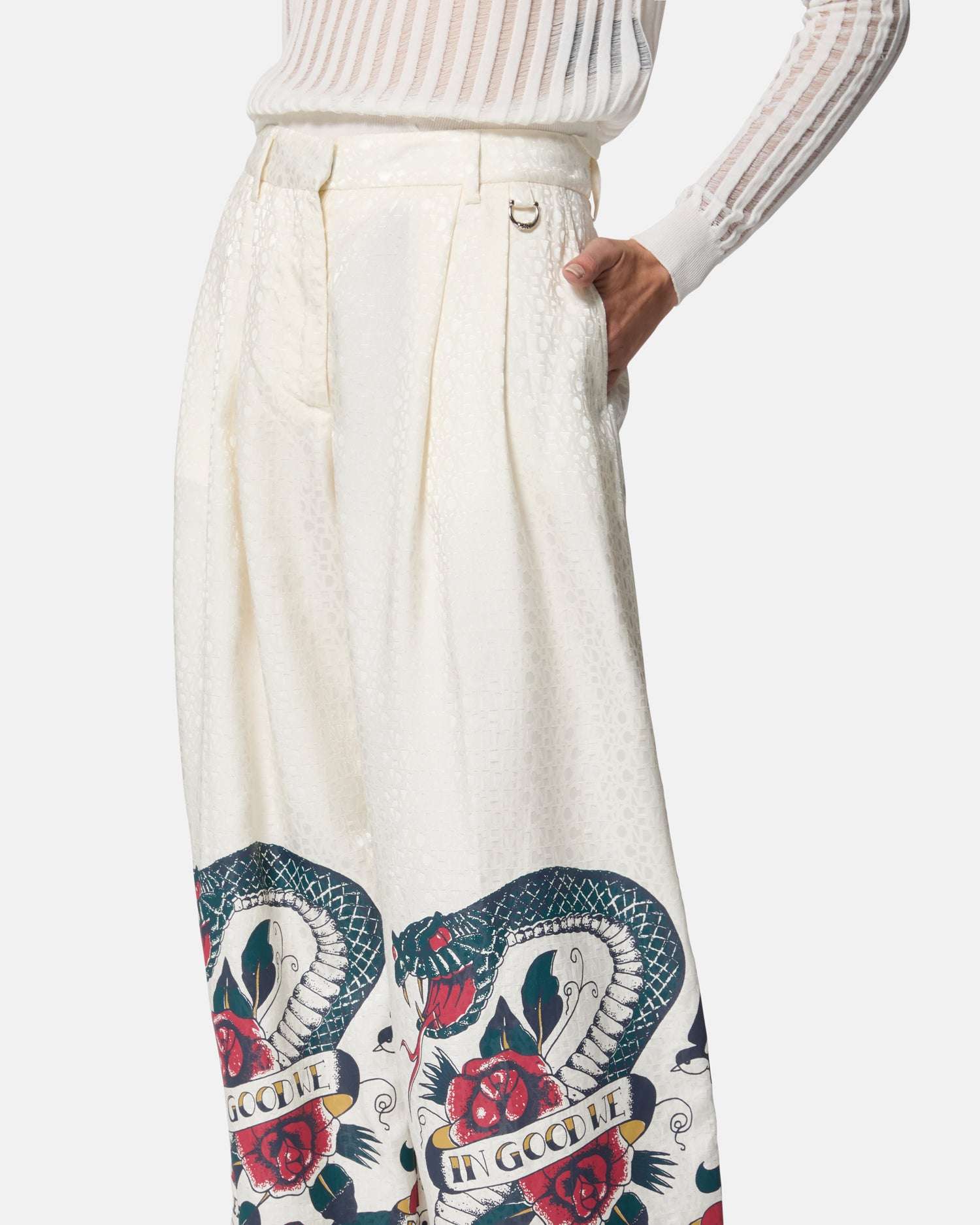 Pantaloni bianchi con stampa grafica e vita alta Pantaloni