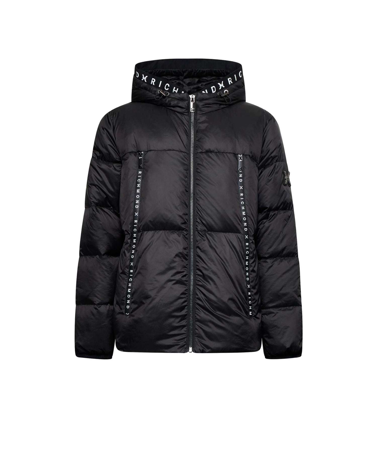 Down jacket with hood and logo details. Outerwear