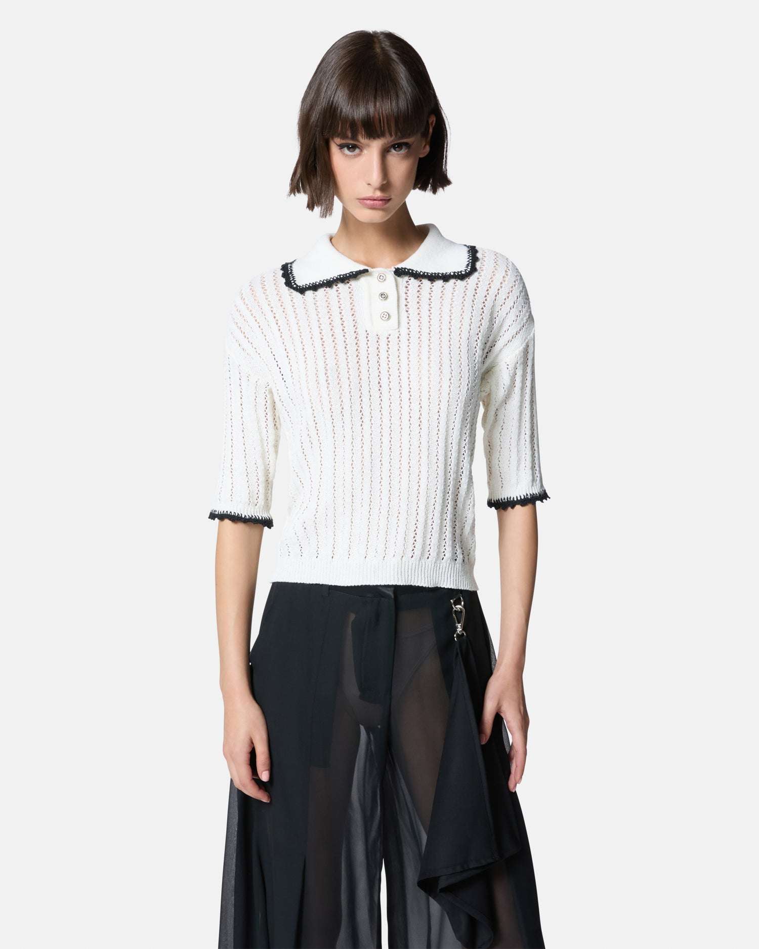 Top bianco a righe con colletto e bottoni Top
