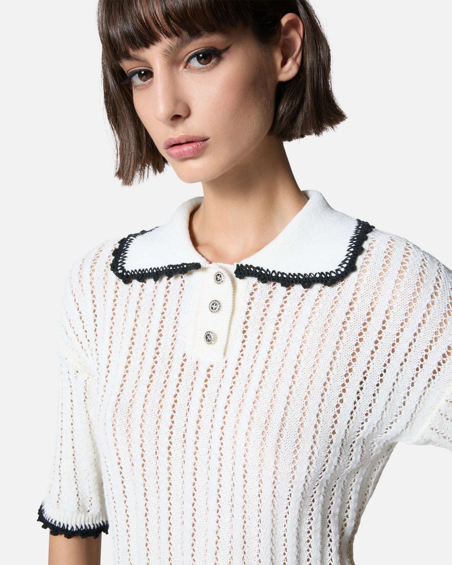 Top bianco a righe con colletto e bottoni Top