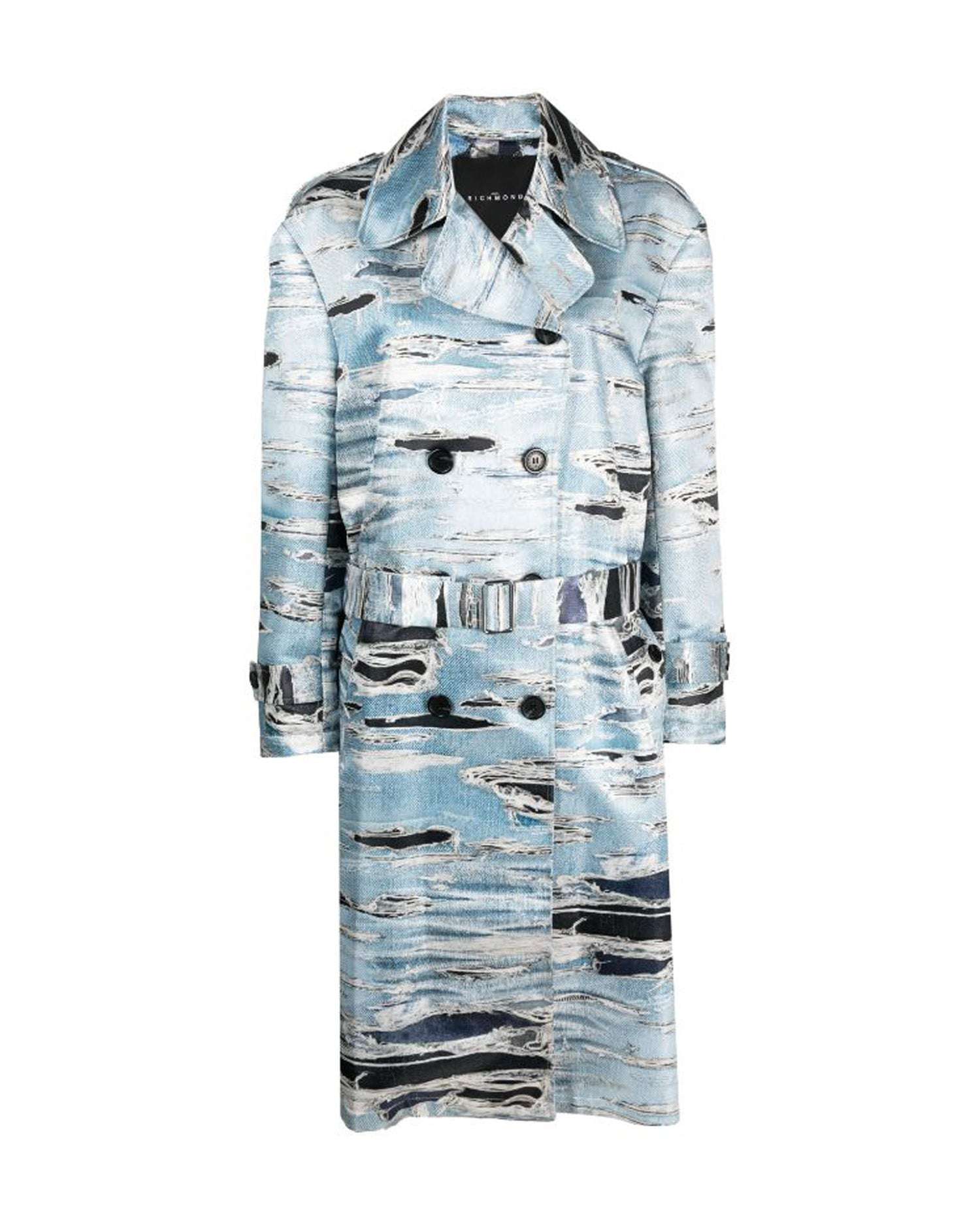 Doublebreasted trench coat with iconic runway denimeffect pattern
