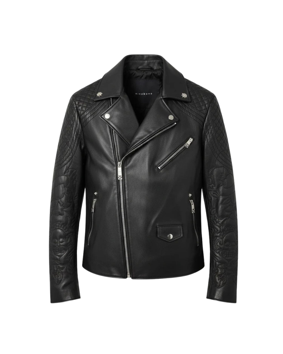 Giacca Biker in Pelle con Spalle Trapuntate e Ricami