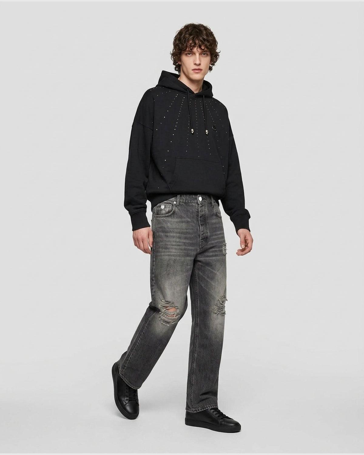 Jeans Larghi Distressed con Logo Rich