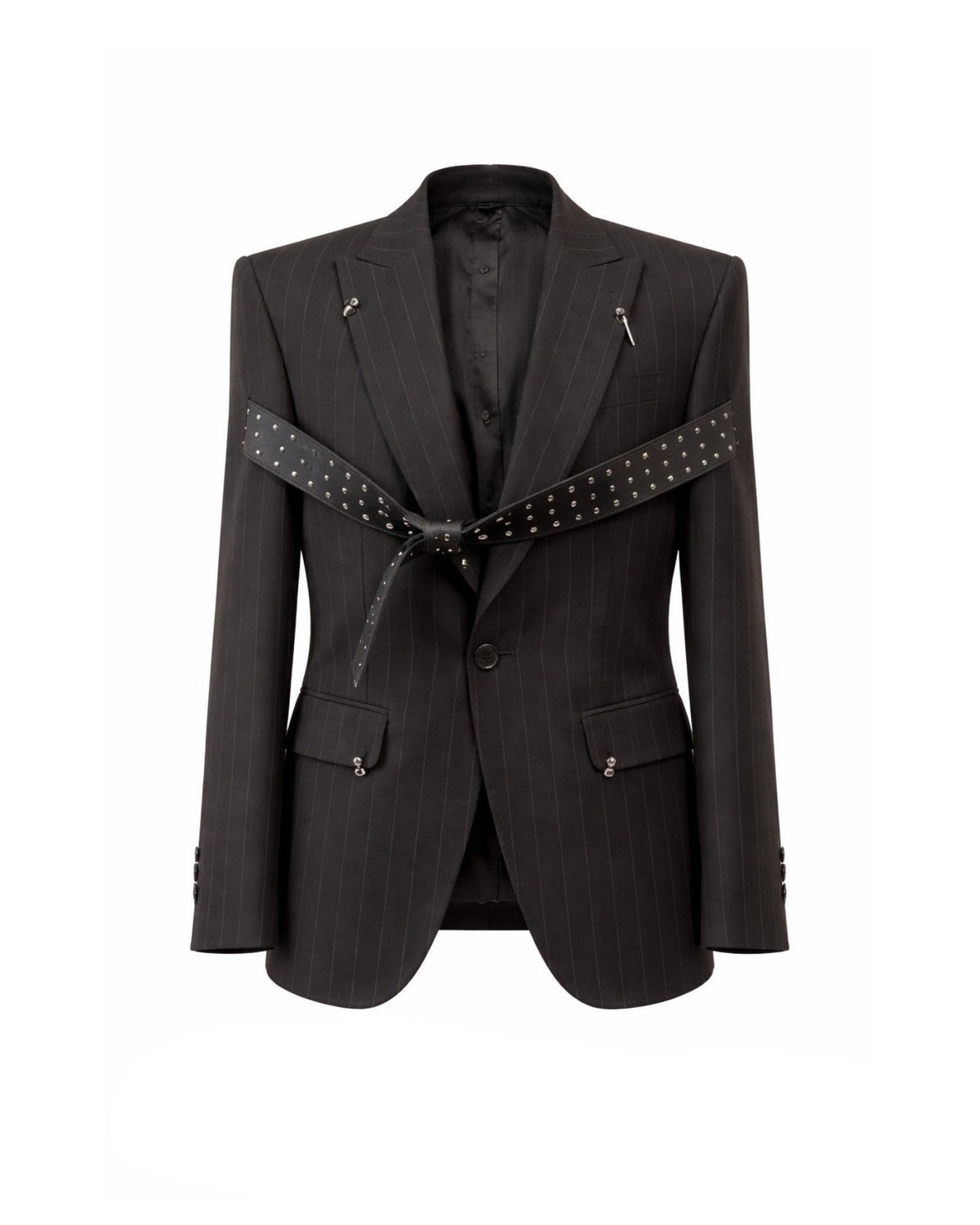 Blazer Gessato con Cintura Borchiata e Dettagli Metallici