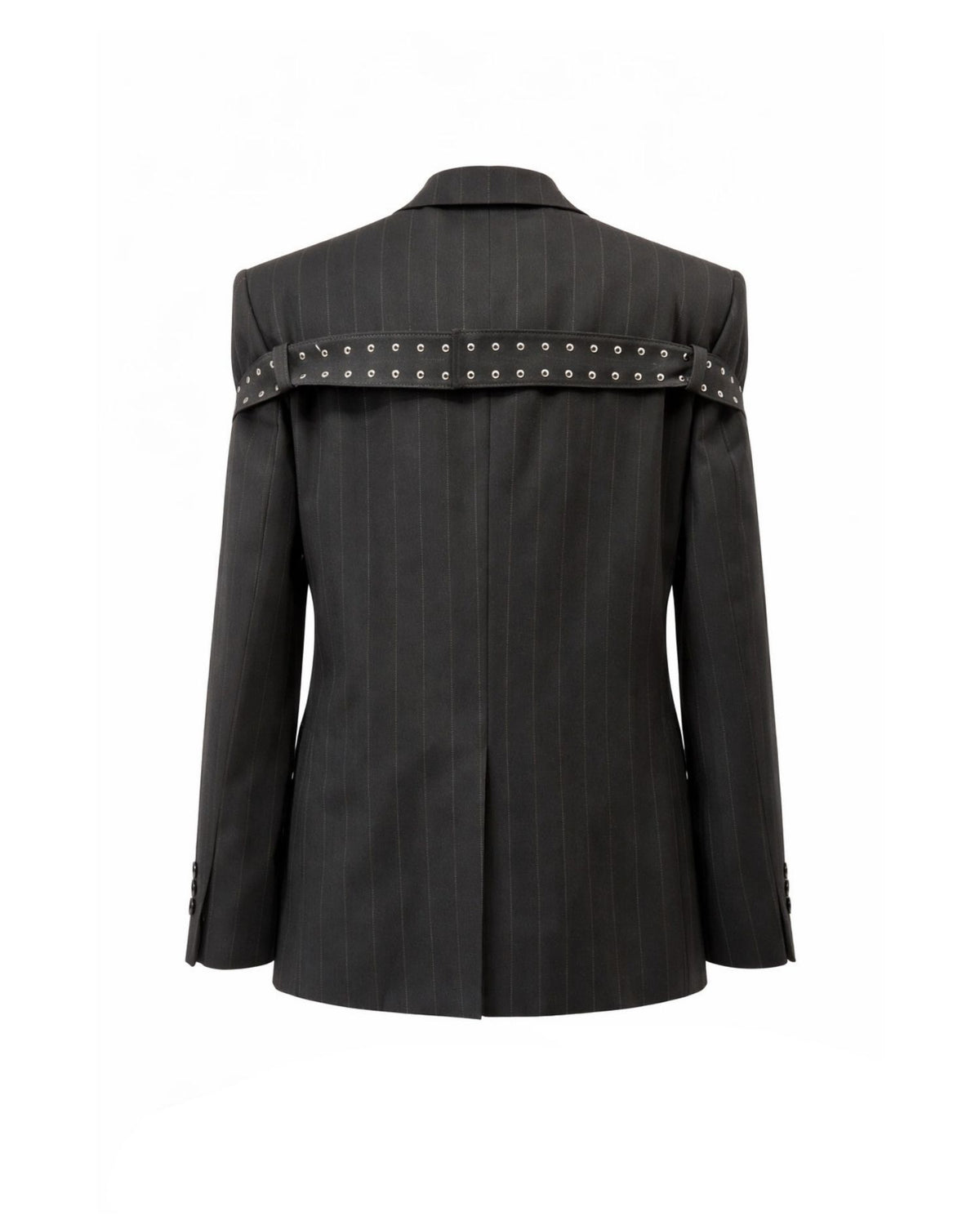 Blazer Gessato con Cintura Borchiata e Dettagli Metallici