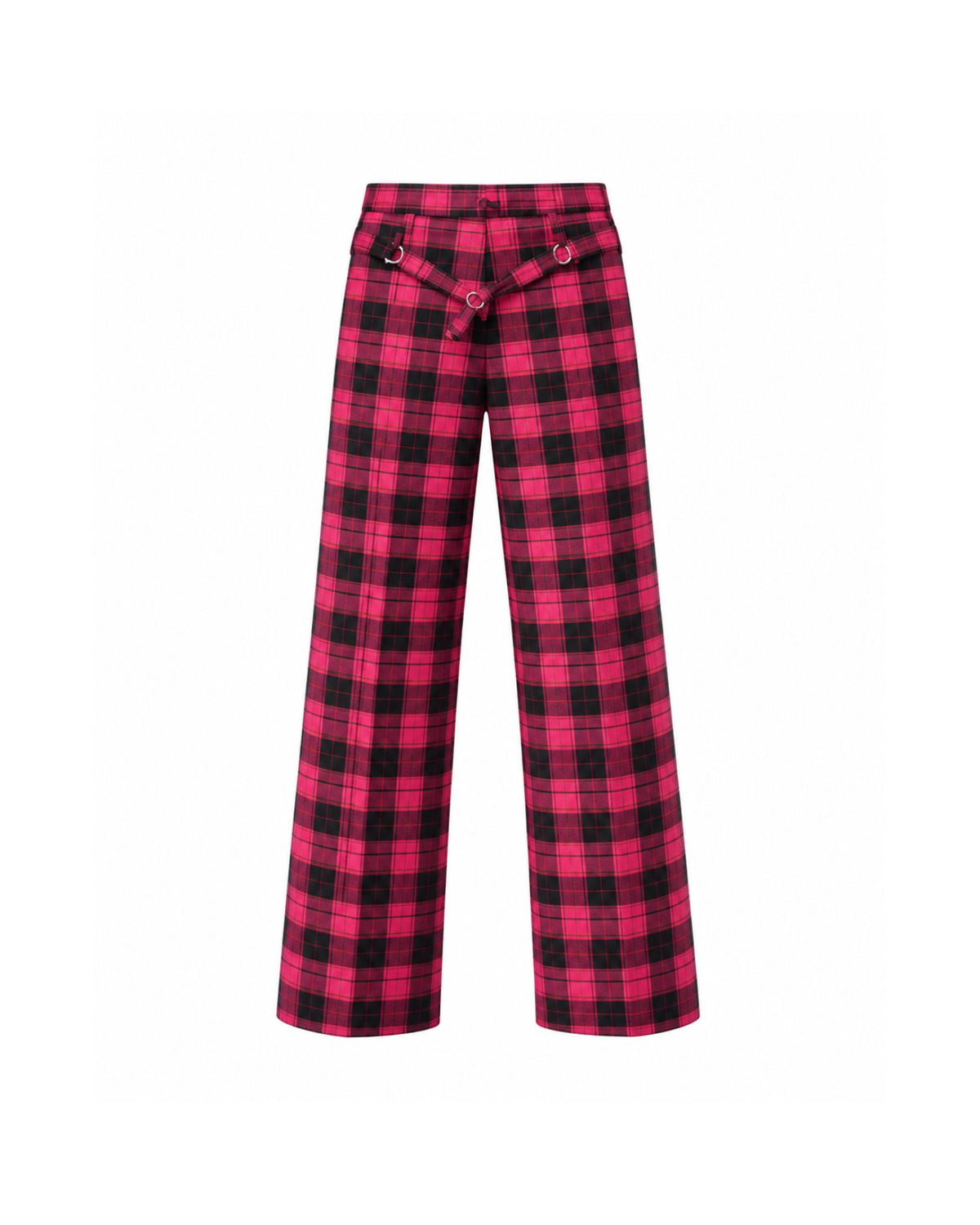 Pantaloni Tartan a Gamba Dritta con Dettaglio D-Ring