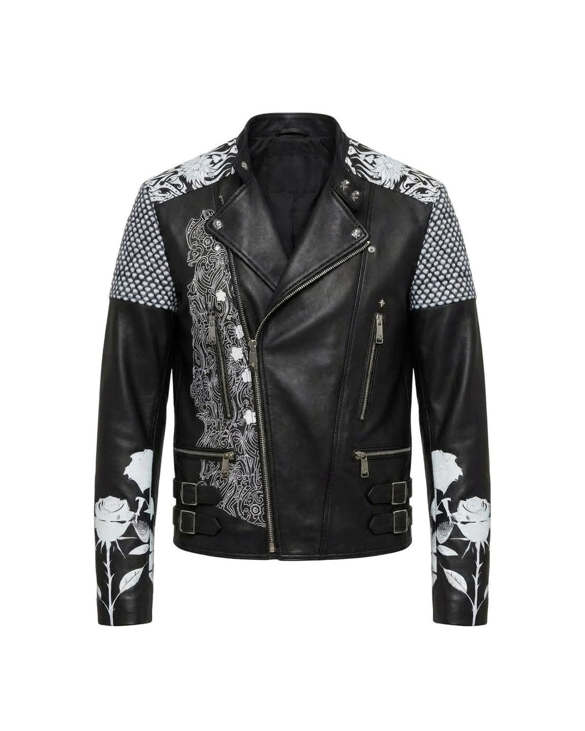 Giacca Biker in Pelle con Stampa Rose e Zip Asimmetrica