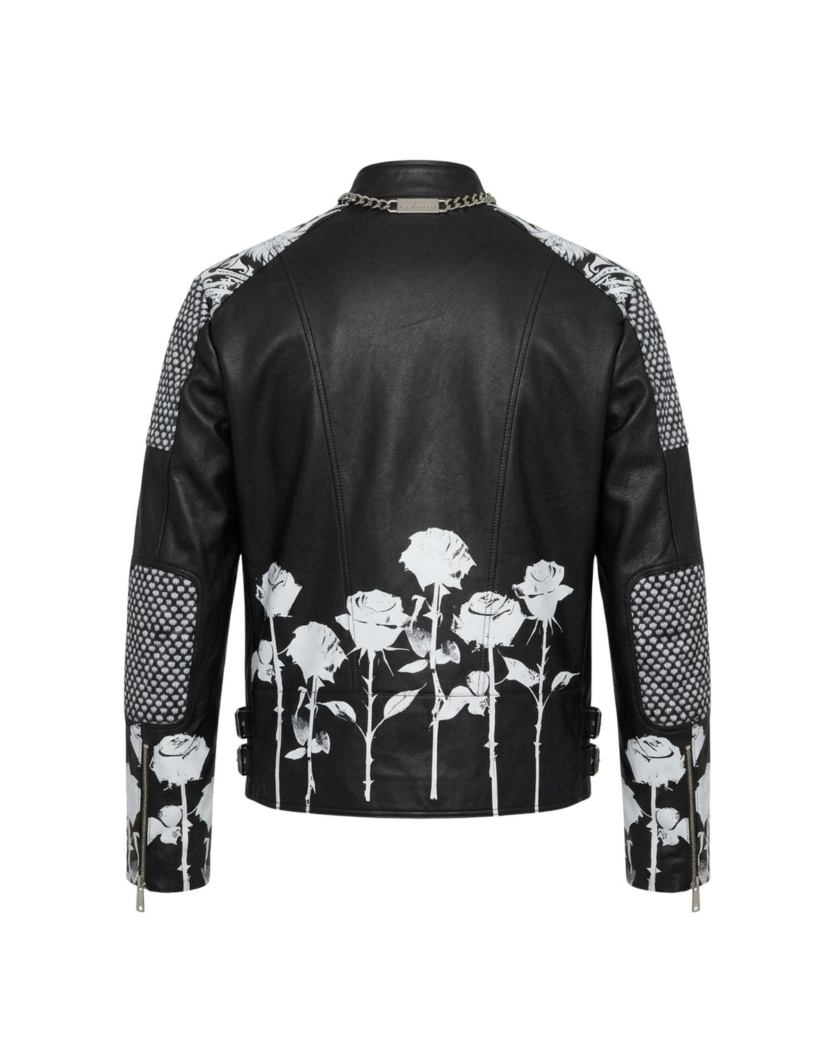 Giacca Biker in Pelle con Stampa Rose e Zip Asimmetrica