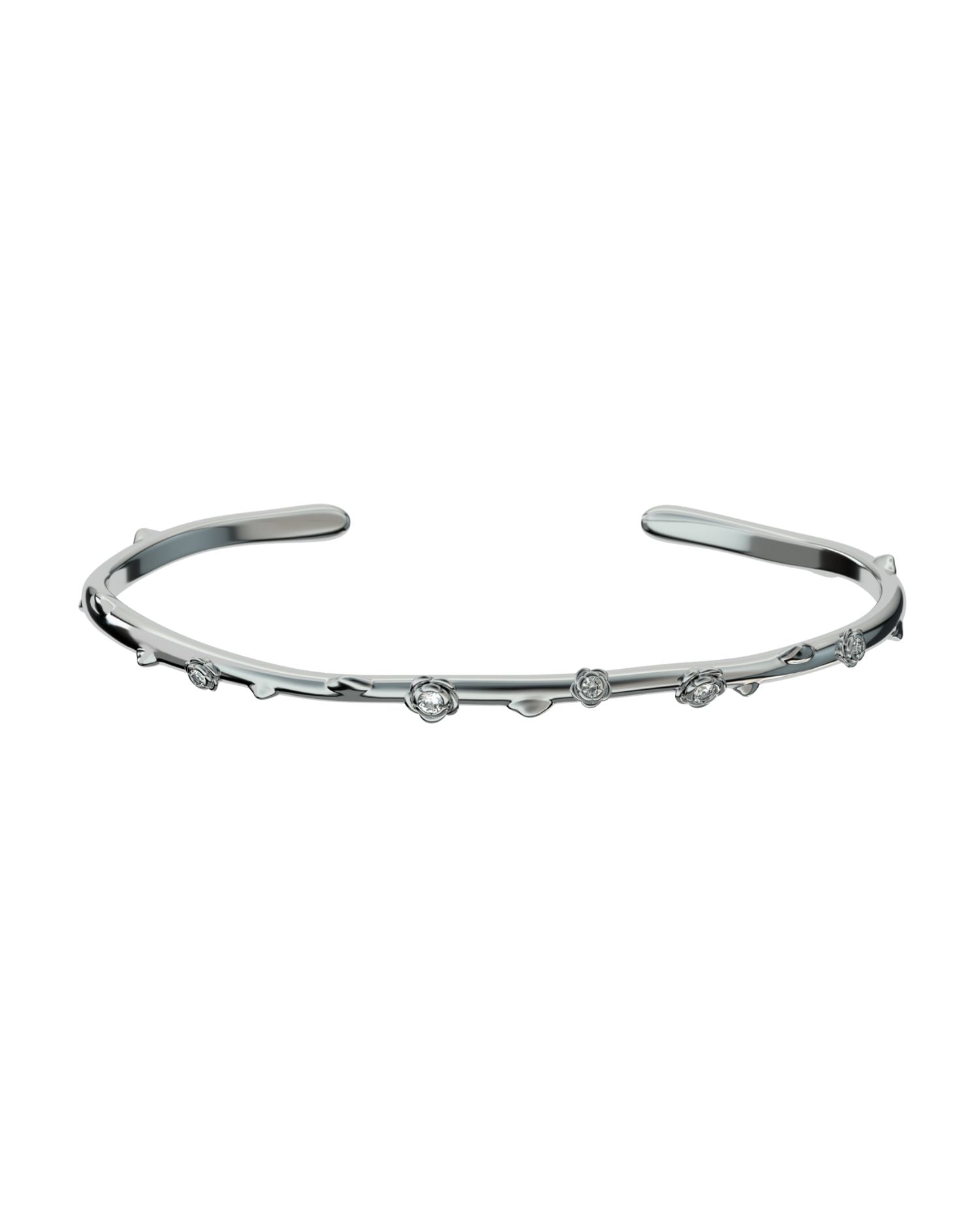 Bracciale rigido con finitura lucida e decorazioni a forma di rosa con elementi brillanti al centro.