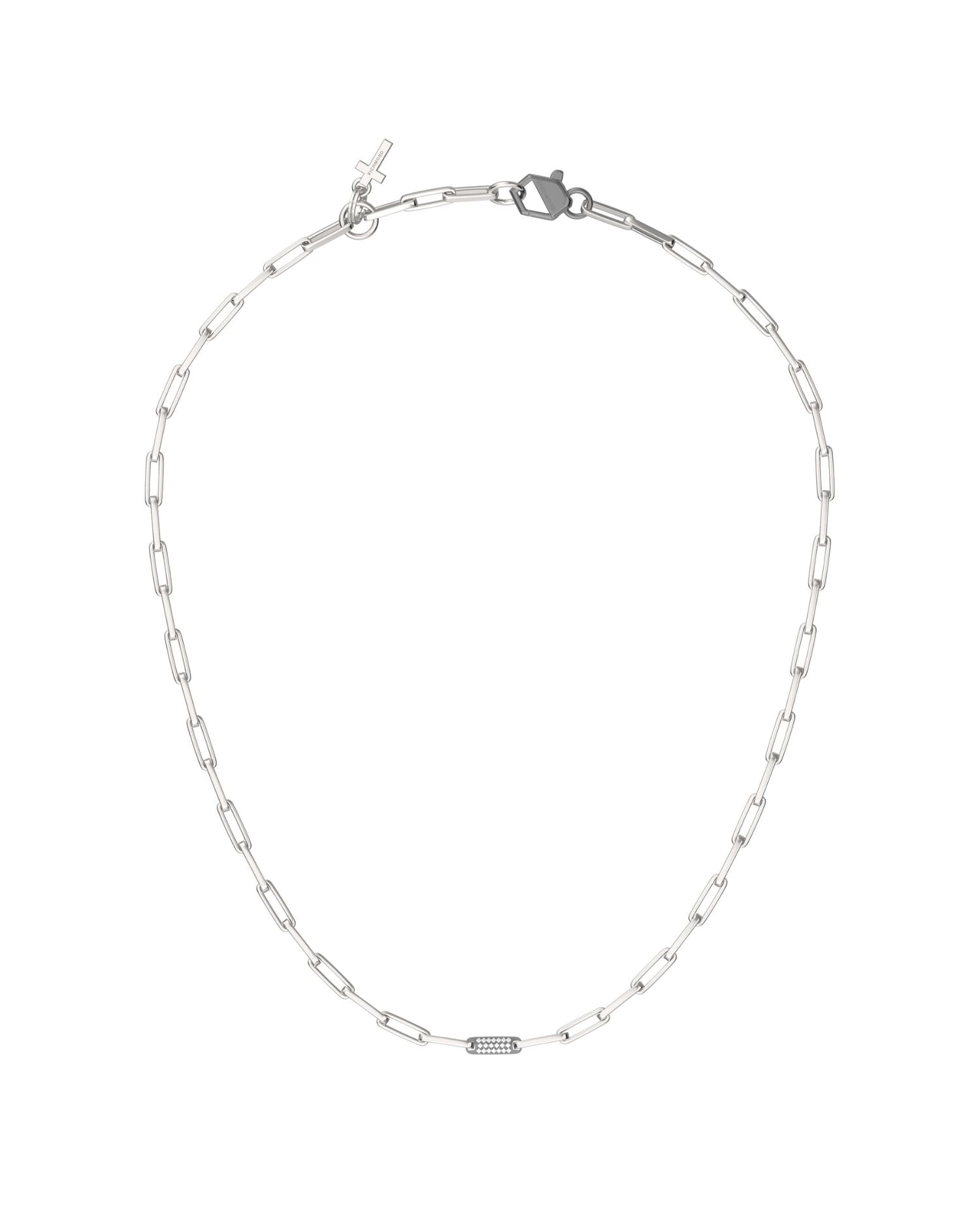 Collana a catena John Richmond con maglia centrale decorata da elementi brillanti e charm a croce.
