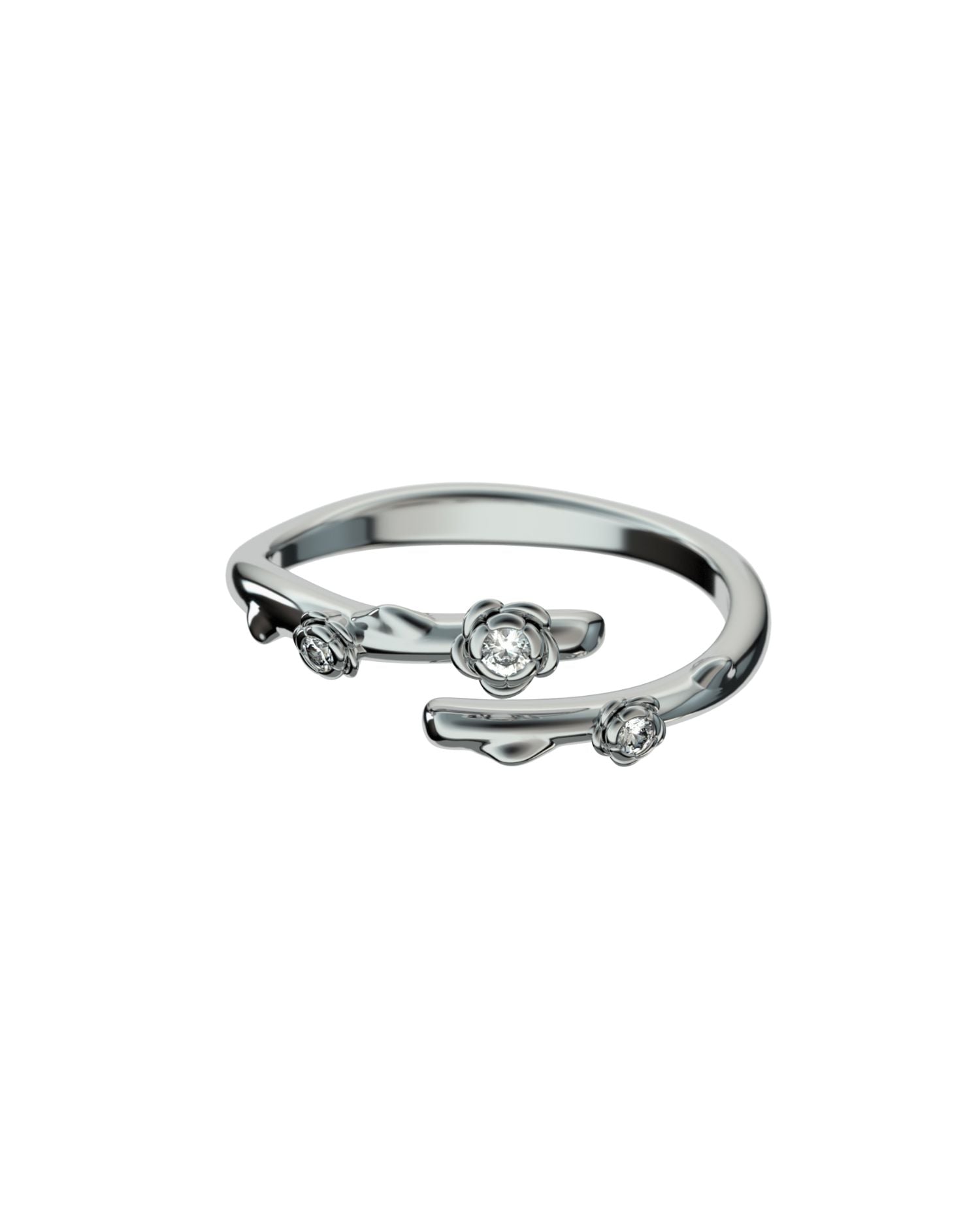Anello aperto con tre piccoli fiori decorati con punti luce, finitura lucida.