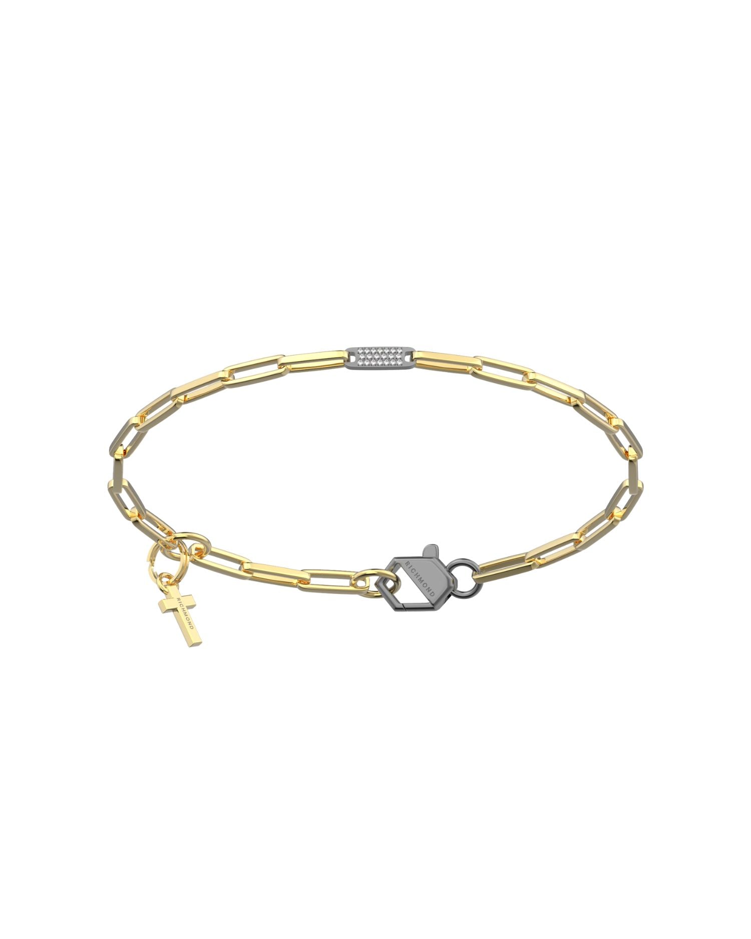 Bracciale John Richmond con catena a maglie allungate, inserto luminoso centrale e ciondolo a forma di croce.