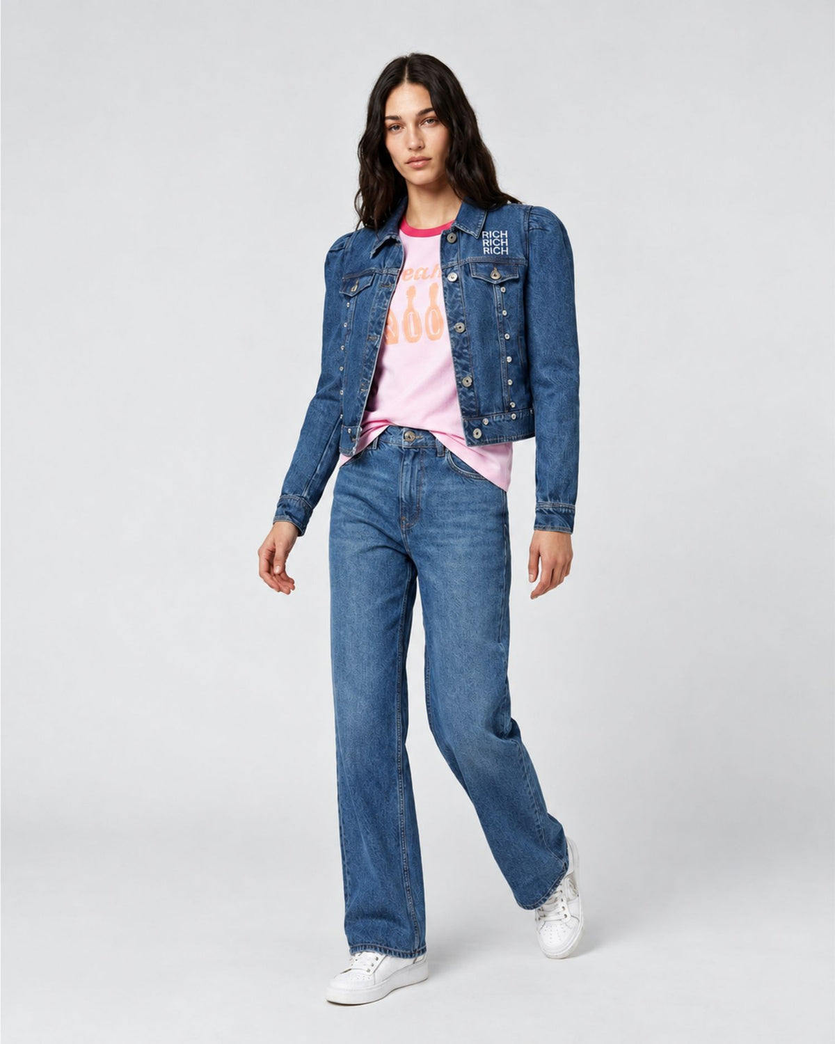 Giacca in Denim con Ricamo Drago e Maniche a Sbuffo