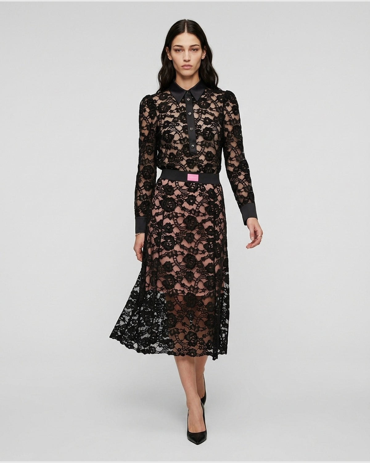 Gonna Midi in Pizzo Floreale con Fascia Logata