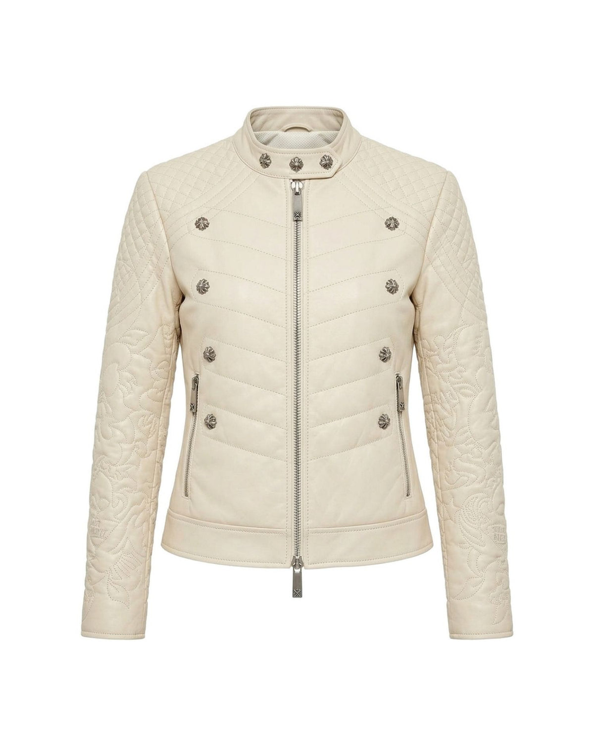 Giacca Biker in Pelle Trapuntata con Dettagli Metallici