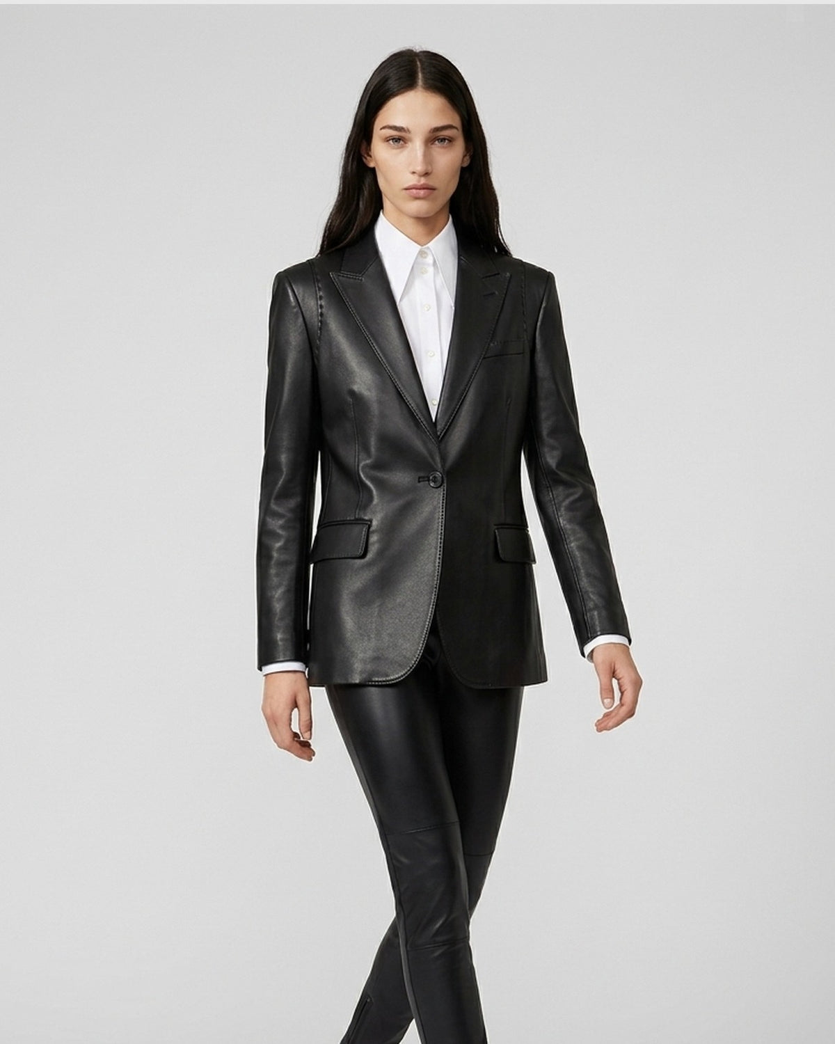 Blazer Monopetto in Pelle con Impunture a Vista