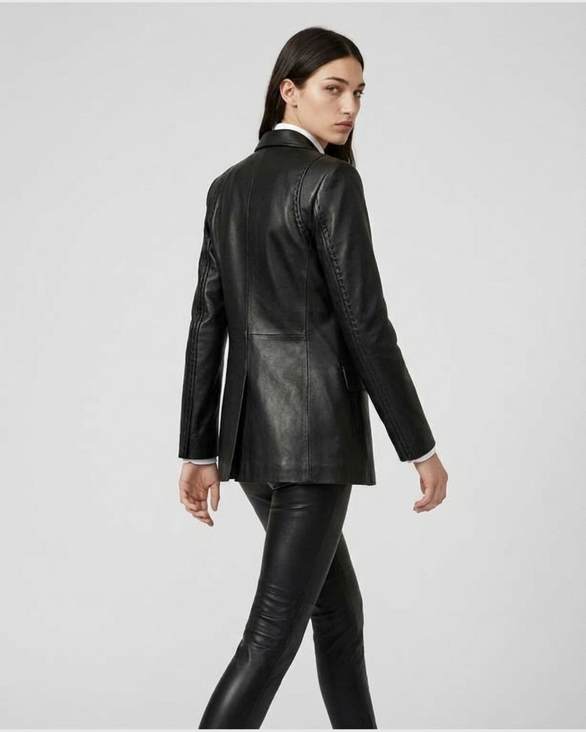 Blazer Monopetto in Pelle con Impunture a Vista