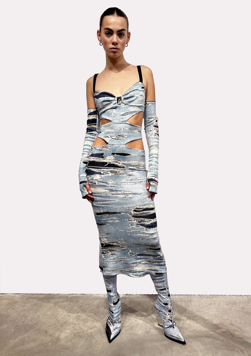 Long dress with decorative splits and iconic runway denim-effect pattern.
